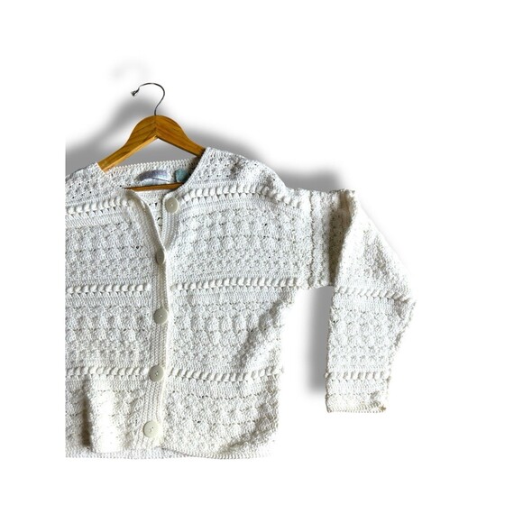 Vintage White Knit Cardigan Button Front Hand Knit Sweater Womens Medium - Picture 2 of 16